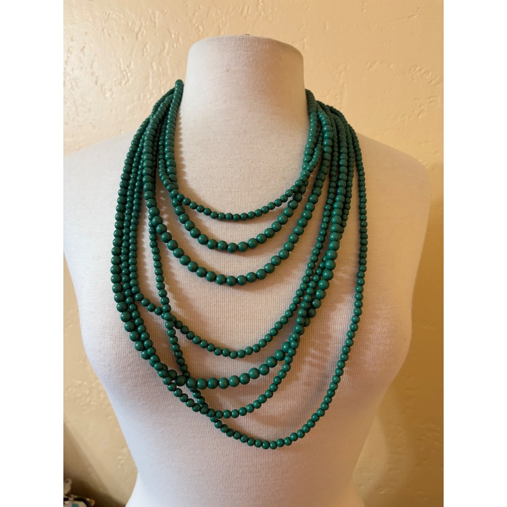 Our World Teal Green Multi Strand Beaded Statement Necklace Silver Tone